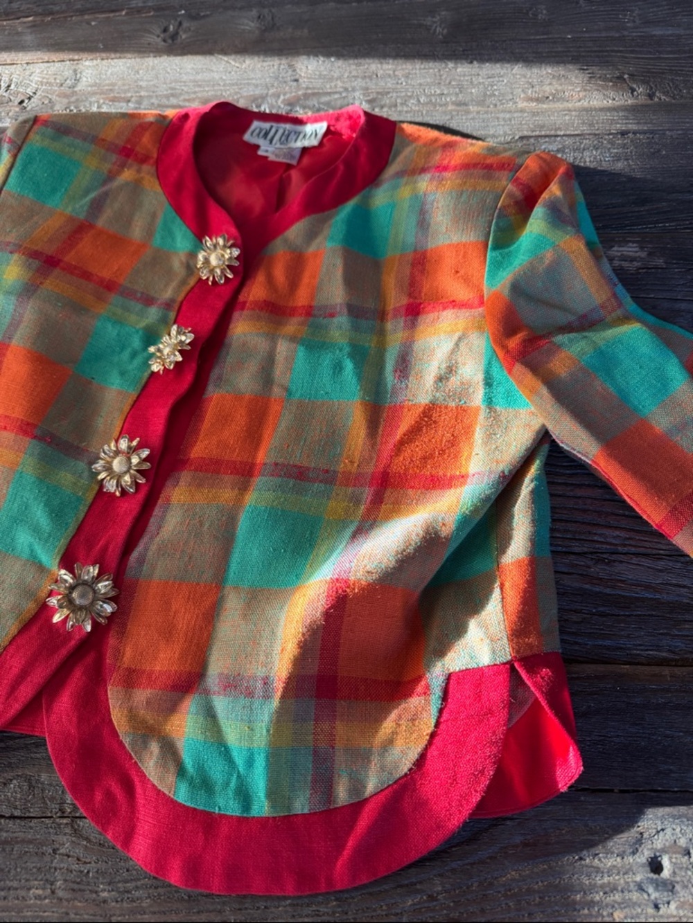 Linda Lewis Collection Linen Plaid Cropped Blazer Custom Buttons Small View 5